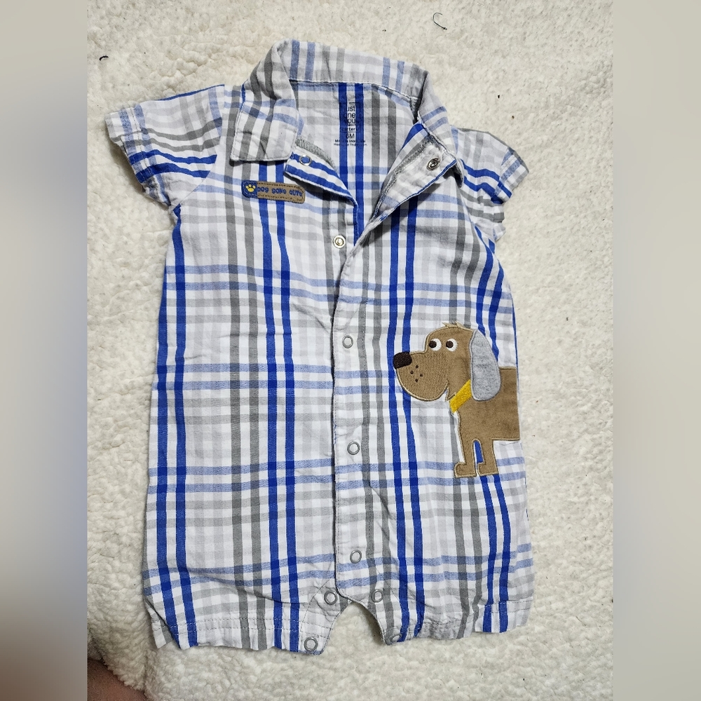 Carters baby blue plaid dog gone cute Romper